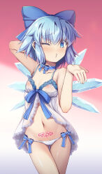 1girl babydoll blue_bow blue_eyes blue_hair blush bow chima_q cirno closed_mouth commentary_request cowboy_shot flat_chest gradient_background hair_bow highres ice ice_wings lace-trimmed_babydoll lace_trim loli looking_at_viewer navel nipples one_eye_closed panties pink_background pubic_tattoo short_hair solo tattoo touhou underwear white_babydoll white_panties wings