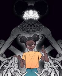 1girl :d absurdres afro_puffs amanda_(amanda_the_adventurer) amanda_the_adventurer animification black_background black_hair blue_pants chinese_commentary claws commentary_request cowboy_shot dark-skinned_female dark_skin demon gradient_background hatching_(texture) highres index_fingers_raised lower_teeth_only luguqiusu monochrome_background multiple_eyes open_mouth outline pants red_eyes shirt short_hair short_sleeves simple_background smile spoilers standing straight-on t-shirt teeth the_entity_(amanda_the_adventurer) very_dark_skin white_outline wide-eyed yellow_shirt