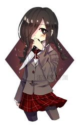 1girl black_eyes black_hair black_thighhighs blush bow bowtie braid bright_pupils brown_jacket commentary cropped_legs deviantart_username english_commentary funamusea hair_over_one_eye holding holding_knife jacket knife kurai_yonaka mogeko_castle plaid_bow plaid_bowtie plaid_clothes plaid_skirt pleated_skirt red_bow red_bowtie red_skirt seiini shirt skirt solo thighhighs twin_braids watermark white_background white_pupils white_shirt