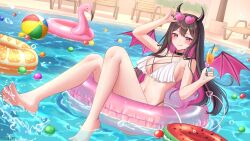Rule 34 | 1girl, :q, absurdres, artist name, ball, barefoot, beachball, black choker, black hair, black nails, breasts, chair, choker, cleavage, closed mouth, demon girl, demon horns, demon wings, drinking straw, feet, flamingo innertube, food, fruit, heart, heart-shaped eyewear, highres, horns, hyuniebee (vtuber), indie virtual youtuber, innertube, knees together feet apart, konyanart, large breasts, legs, long hair, multicolored hair, navel, orange (fruit), orange slice, pool, purple eyes, purple hair, second-party source, soles, solo, streaked hair, striped horns, sunglasses, swim ring, toes, tongue, tongue out, virtual youtuber, water, wings