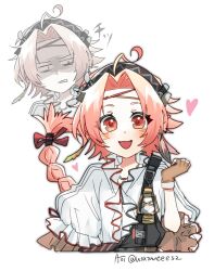 1girl :d ahoge arknights artist_name black_hat braid brown_gloves commentary_request curtained_hair fingerless_gloves gloves hair_intakes hat heart inner_ego jewelry lantern long_hair looking_at_viewer necklace open_mouth partially_shaded_face pink_eyes pink_hair pointy_ears rose_salt_(arknights) shirt simple_background smile solo twitter_username utataneee32 white_background white_shirt