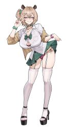 Rule 34 | 1girl, absurdres, alternate costume, animal ears, bow, bowtie, bra, bra visible through clothes, breasts, bright pupils, brown cardigan, brown hair, button gap, cardigan, cardigan partially removed, choker, cleavage, clothes lift, commentary, commission, contrapposto, crossed bangs, curvy, double-parted bangs, english commentary, eyeliner, eyeshadow, full body, garter straps, green bow, green bowtie, green choker, green eyes, green scrunchie, green skirt, grin, gyaru, hair between eyes, hair ornament, hair scrunchie, heart, heart choker, heart o-ring, high heel sandals, highres, indie virtual youtuber, jewelry, lapels, large breasts, legs, leopard print bra, leopard print panties, lifting own clothes, looking at viewer, loose bowtie, low side ponytail, makeup, mascara, miniskirt, nail art, narrow waist, necklace, nimi nightmare, nokaa aru, o-ring, o-ring choker, off shoulder, one side up, panties, partially unbuttoned, pink bra, pink nails, pink panties, platform heels, pleated skirt, sandals, school uniform, scrunchie, second-party source, shirt, short hair, side-tie panties, simple background, skindentation, skirt, skirt lift, sleeves rolled up, smile, solo, standing, tapir ears, tapir girl, thighhighs, thong, underwear, untucked shirt, v, virtual youtuber, white background, white garter straps, white pupils, white shirt, white thighhighs, wide hips, wrist scrunchie
