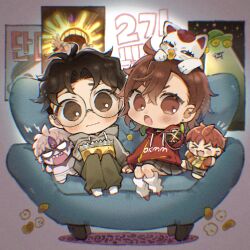 Rule 34 | &gt; &lt;, 2girls, 3boys, abduction, ayase momo, black hair, blush, blush stickers, brown eyes, brown hair, cat, chibi, chibi only, closed mouth, comimingming, commentary request, controller, couch, cow, dandadan, dual persona, earrings, enjoji jin, evil eye (dandadan), food, food in mouth, full body, glasses, grey hair, grey hoodie, hair between eyes, highres, holding, holding remote control, hood, hoodie, jewelry, korean commentary, looking at viewer, loose socks, maneki-neko, miniskirt, mongolian death worm, multiple boys, multiple girls, on couch, on head, open mouth, pleated skirt, poster (object), red hair, red hoodie, remote control, round eyewear, sitting, skirt, socks, takakura ken (dandadan), third eye, tractor beam, tsuchinoko (dandadan), turbo granny (dandadan), ufo, white socks
