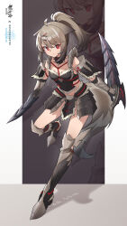 Rule 34 | 1girl, absurdres, ahoge, alternate costume, animal ears, arknights, armor, armored boots, bare shoulders, black gloves, boots, brown hair, chinese commentary, closed mouth, commentary request, copyright name, cutter (arknights), dual wielding, faulds, full body, fur-trimmed armor, fur trim, gloves, hair between eyes, hair ornament, hairclip, highres, holding, holding weapon, jiuyu qame, knee boots, leg up, looking at viewer, medium hair, monster hunter: world, monster hunter (series), monster hunter world: iceborne, ponytail, red eyes, solo, standing, standing on one leg, vambraces, weapon, x hair ornament, zoom layer