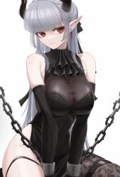 1girl arknights ascot black_ascot black_dress breasts chain chained_sarkaz_girl cuffs demon_girl demon_horns dress earrings grey_hair highres horns jewelry large_breasts long_hair looking_at_viewer mildt pointy_ears red_eyes simple_background sleeveless sleeveless_dress solo thigh_strap white_background