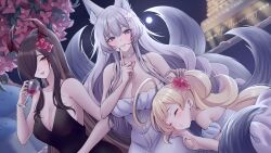 3girls absurdres alcohol alternate_costume animal_ear_fluff animal_ears azur_lane black_dress black_hair blonde_hair breasts cannellettes character_request choker cleavage closed_eyes cocktail_dress commentary cup dress drinking_glass english_commentary evening_gown finger_to_mouth flower fox_ears friedrich_der_grosse_(azur_lane) full_moon grey_tail hair_flower hair_ornament highres holding holding_cup horns large_breasts long_hair mechanical_horns moon multiple_girls multiple_tails nail_polish night night_sky outdoors puffy_short_sleeves puffy_sleeves red_flower red_horns red_wine shinano_(azur_lane) short_sleeves sky sleeping sleeveless sleeveless_dress strapless strapless_dress tail very_long_hair white_choker white_dress white_hair wine wine_glass