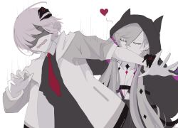 2girls 55nyako20 anger_vein black_dress black_hands black_hoodie closed_mouth colored_extremities dress fate/grand_order fate_(series) highres hood hoodie jacket kiss lilith_(fate) lilith_(first_ascension)_(fate) long_hair mash_kyrielight multiple_girls necktie puckered_lips purple_hair red_necktie shaded_face short_hair wavy_mouth white_background white_hair white_jacket yuri