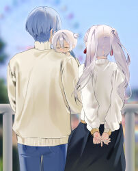 1boy 2girls absurdres arms_behind_back baby baby_carry black_skirt blue_hair blurry blurry_background carrying contemporary denim denim_shorts emduck facing_away family father_and_daughter ferris_wheel frieren from_behind glint grey_hair highres himmel_(sousou_no_frieren) husband_and_wife if_they_mated jewelry mother_and_daughter multiple_girls railing ring shorts skirt sleeping sousou_no_frieren sweater twintails wedding_ring