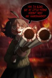 1girl :d ahoge black_eyes black_hair black_skirt blind sophie_(popopoka) blood blood_on_face borrowed_character bow bowtie brown_sweater commentary english_commentary english_text gun holding holding_gun holding_weapon jean_bomjan long_sleeves open_mouth original pleated_skirt short_hair shotgun skirt smile solo speech_bubble sweater weapon