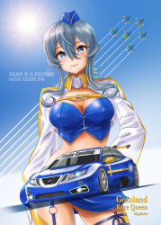 1girl aircraft airplane blue_bustier blue_hat blue_skirt blue_tube_top car contrail cowboy_shot garrison_cap gotland_(2022_race_queen)_(kancolle) gotland_(kancolle) hat highres kantai_collection looking_at_viewer midriff motor_vehicle official_alternate_costume race_queen race_vehicle racecar shrug_(clothing) skirt skypixter solo strapless tube_top vehicle_request white_shrug