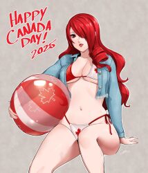 Rule 34 | 1girl, ball, beachball, breasts, canadian flag, cleavage, eightyfourart, hair over eyes, highres, jacket, kirijou mitsuru, long hair, looking at viewer, navel, open clothes, open jacket, persona, persona 3, red eyes, red hair, revealing clothes, sitting, solo, stomach, swimsuit, thighs