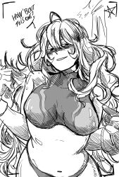 1girl absurdres aged_up blush boku_no_hero_academia breasts drawgatha gloves hagakure_toru half-closed_eyes highres long_hair looking_at_viewer messy_hair monochrome naughty_face navel official_alternate_costume pointing pointing_at_self seductive_gaze seductive_smile smile solo very_long_hair