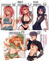 1boy areola_slip arm_tattoo belt black_hair black_panties blue_hair boxer_briefs boxers breasts breasts_apart character_request chest_tattoo choker clothes_lift crop_top ear_piercing english_text face_piercing flat_chest fukari green_shirt green_shorts highres holding jewelry large_breasts long_hair looking_at_viewer male_underwear medium_breasts meme meme_attire midriff multiple_drawing_challenge multiple_girls navel navel_piercing nipples no_bra nose_piercing nose_ring o-ring o-ring_choker offelia_(fukari) one_eye_closed orange_hair original panties pants phone piercing pink_hair ponytail see-through_clothes shirt shirt_lift short_hair shorts sideboob small_breasts smile stomach_tattoo tattoo underboob underwear wardrobe_malfunction