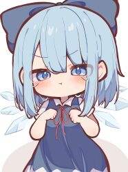 1girl :t absurdres aged_down awa_teruru blue_bow blue_dress blue_eyes blue_hair blush bow cirno clenched_hands closed_mouth deformed dress eyes_visible_through_hair hair_between_eyes hair_bow highres ice ice_wings light_blue_hair medium_hair neck_ribbon red_ribbon ribbon shirt short_sleeves simple_background solo tears touhou v-shaped_eyebrows white_background white_shirt wings