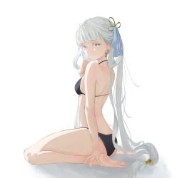 1girl absurdres bare_arms bare_legs barefoot bikini black_bikini breasts clenched_hand earrings grey_eyes hair_ornament hair_rings hair_tubes halterneck highres jewelry jinhsi_(wuthering_waves) long_hair looking_at_viewer looking_back low_twintails neptune_illust simple_background single_hair_tube sitting small_breasts soles solo swimsuit toes twintails very_long_hair wariza white_background white_hair wuthering_waves