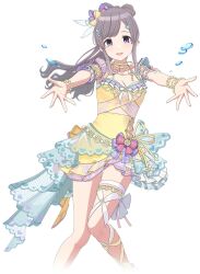 Rule 34 | 1girl, asymmetrical legwear, bracelet, breasts, cleavage, grey hair, hair ornament, heart, idol clothes, idolmaster, idolmaster shiny colors, idolmaster shiny colors song for prism, jewelry, official art, open mouth, outstretched arms, purple eyes, skirt, solo, transparent background, water, yellow skirt, yukoku kiriko