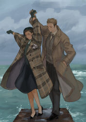 1boy 1girl ambulance00 arms_up beret black_dress black_gloves black_pants black_shoes blonde_hair brown_coat brown_hair buttons captain_america_(series) closed_eyes cloud cloudy_sky coat collared_shirt day dress full_body gloves green_hat grey_necktie grey_vest hand_in_pocket hat hetero highres holding_hands lapels long_sleeves marvel marvel_cinematic_universe necktie ocean open_clothes open_coat outdoors pants peggy_carter plaid_clothes plaid_coat red_lips shadow shirt shoes short_hair sky smile standing steve_rogers teeth vest waves white_shirt