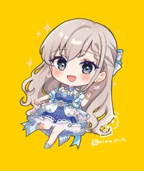 Rule 34 | 1girl, :d, blue dress, blush, chibi, commentary request, dress, flower, full body, grey eyes, grey hair, grey sandals, hisakawa hayate, idolmaster, idolmaster cinderella girls, idolmaster cinderella girls starlight stage, jacket, long hair, looking at viewer, open mouth, pink flower, puffy short sleeves, puffy sleeves, rino cnc, sandals, short sleeves, simple background, smile, solo, twitter username, very long hair, white jacket, yellow background