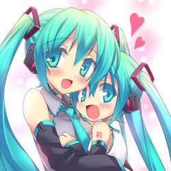 2girls aqua_eyes aqua_hair bad_id bad_pixiv_id blush chibi_miku detached_sleeves dual_persona eeeeee fang hatsune_miku headphones headset heart long_hair multiple_girls necktie smile twintails vocaloid