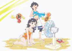 1boy 1girl asatsuki_(fgfff) barefoot black_hair black_leggings braid closed_eyes commentary_request electric_fan elio_(pokemon) gen_4_pokemon grey_eyes highres kneeling leggings long_hair nintendo open_mouth pokemon pokemon_(creature) pokemon_usum rotom rotom_(fan) rotom_dex selene_(pokemon) shirt shoes short_hair shorts sleeveless sleeveless_shirt sneakers spaghetti_strap standing tank_top twin_braids white_shorts