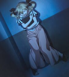 Rule 34 | 1girl, against wall, baggy clothes, baggy pants, blonde hair, blue ribbon, bow, bra strap, buttons, closed eyes, collarbone, computer, crop top, crying, dot nose, facing down, flying teardrops, fukuda tomonori, full body, game cg, hair between eyes, hair bow, high heels, highres, holding, holding laptop, indoors, knees together feet apart, koujiro frau, laptop, long hair, multiple hair bows, non-web source, off-shoulder shirt, off shoulder, official art, open mouth, pants, pink pants, ribbon, robotics;notes, robotics;notes dash, scared, screaming, shirt, shirt ribbon, short sleeves, shouting, sleeve ribbon, solo, strap, striped sleeves, sweatdrop, tears, teeth, toenails, toes, tongue, twintails, white shirt