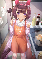 1girl absurdres alternate_costume animal_ears apron blush casual commentary_request hair_ornament headband highres horse_ears horse_girl kitchen nishino_flower_(umamusume) pot purple_eyes smile solo torottye translation_request umamusume x_hair_ornament