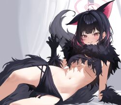 1girl absurdres animal_ears bikini black_bikini black_claws black_fur black_gloves black_hair black_tail blue_archive blush breasts cat_ears claw_pose claws closed_mouth colored_inner_hair commentary extra_ears gloves halo heart heart_in_eye highres kazusa_(blue_archive) kazusa_(halloween)_(blue_archive) looking_at_viewer lying medium_hair momocadraw multicolored_hair navel on_side pink_eyes pink_hair pink_halo small_breasts smile solo stomach streaked_hair swimsuit symbol_in_eye thighs two-tone_hair underboob