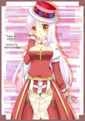 1girl arch_bishop_(ragnarok_online) blush border breasts brown_border cleavage cleavage_cutout clothing_cutout commentary_request cowboy_shot cross dated dress fishnet_thighhighs fishnets frilled_thighhighs frills ginn0613v hand_on_own_cheek hand_on_own_face hat holding holding_staff juliet_sleeves large_breasts long_hair long_sleeves looking_at_viewer milestone_celebration open_mouth orange_eyes pink_hair puffy_sleeves purple_background ragnarok_online red_dress red_hat sash solo staff striped_background thighhighs top_hat two-tone_dress very_long_hair white_background white_dress white_thighhighs yellow_sash