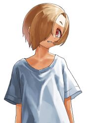1girl asagi666c blonde_hair child flat_chest hair_over_one_eye highres idolmaster idolmaster_cinderella_girls looking_at_viewer red_eyes shirasaka_koume shirt short_hair simple_background smile solo upper_body white_background white_shirt