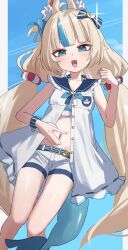 1girl 3xens absurdres ahoge animal_ears blonde_hair blue_bow blue_eyes blue_hair blue_sky bow breasts cat_ears dress fins fish_girl fish_tail hair_bow highres indie_virtual_youtuber lifebuoy_hair_ornament long_hair looking_at_viewer multicolored_hair navel open_mouth sameko_saba short_shorts shorts sky sleeveless sleeveless_dress small_breasts smile solo streaked_hair tail very_long_hair virtual_youtuber white_dress white_shorts
