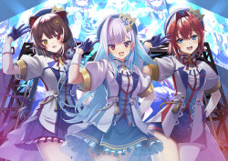 3girls :3 :d ange_katrina animal_ears animal_hair_ornament beret blue_eyes blue_gloves blue_hair blue_hat blue_ribbon blue_shorts blue_skirt blunt_bangs blush braid breasts brown_hair collared_jacket colored_inner_hair commentary_request cowboy_shot crossed_bangs crown_hat_ornament dog_ears dog_girl eyelashes fang finger_counting flower frilled_skirt frills gloves group_picture hair_between_eyes hair_flower hair_intakes hair_ornament hair_ribbon half_gloves hand_on_own_hip hand_up hat head_tilt heterochromia highres idol_clothes index_finger_raised inui_toko jacket lize_helesta long_hair long_sidelocks looking_at_viewer low_twin_braids medium_breasts medium_hair multicolored_hair multiple_girls neck_ribbon nijisanji open_mouth pleated_skirt projected_inset purple_eyes purple_ribbon raised_eyebrows red_eyes red_hair ribbon sanbaka_(nijisanji) sanbaka_anniversary_outfit short_shorts short_sleeves shorts sidelocks single_hair_intake single_wrist_cuff skirt small_breasts smile streaked_hair t_k tassel teeth triangle_hair_ornament truss twin_braids two-tone_hair upper_teeth_only v very_long_hair virtual_youtuber white_hair white_jacket white_wrist_cuffs wrist_cuffs wrist_ribbon yellow_eyes