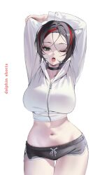 Rule 34 | 1girl, ;o, absurdres, alternate costume, arms up, black choker, black hair, breasts, choker, commentary, cowboy shot, crop top, crow (nikke), dolphin shorts, english text, goddess of victory: nikke, green eyes, highres, large breasts, midriff, multicolored hair, navel, one eye closed, red hair, short hair, shorts, simple background, solo, streaked hair, thighs, two-tone hair, uyuri (89976220), white background, white hood
