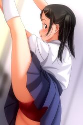 1girl absurdres black_hair blue_skirt brown_eyes commentary_request from_behind highres kneehighs leg_up matsunaga_kouyou medium_hair miniskirt open_mouth original panties pantyshot pleated_skirt shirt short_sleeves skirt socks solo split standing standing_on_one_leg standing_split twintails underwear white_shirt white_socks