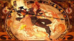 1boy bandal black_pants black_shoes collarbone cookie_run fiery_hair fire fire_spirit_cookie grin highres holding holding_staff male_focus orange_eyes orange_hair pants pyrokinesis red_hair shoes short_hair smile solo staff