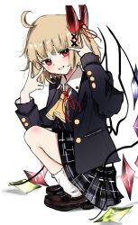 1girl ahoge ascot black_jacket black_skirt blazer blonde_hair bow brown_shoes collared_shirt double_v flandre_scarlet full_body grin hair_bow hair_ornament hands_up highres jacket long_sleeves looking_at_viewer loose_socks neck_ribbon ougiikun pleated_skirt red_bow red_eyes red_ribbon ribbon school_uniform shirt shoes simple_background skirt smile socks solo squatting touhou v white_background white_shirt white_socks wings x_hair_ornament yellow_ascot