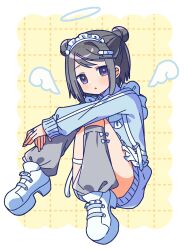 1girl :o absurdres alternate_costume angel_wings artist_name bandaid bandaid_hair_ornament black_hair blue_halo blue_sweater border bow bow_legwear buckle cartoon_wings detached_wings dot_nose double_bun frilled_suspenders full_body grey_socks grid_background hair_bun hair_ornament hairclip halo hands_on_own_leg highres jewelry kneehighs knees_up kuroe_(madoka_magica) light_blush long_sleeves looking_at_viewer loose_socks magia_record:_mahou_shoujo_madoka_magica_gaiden mahou_shoujo_madoka_magica maid_headdress mini_wings open_mouth outside_border oversized_sweater own_hands_together platform_shoes puffy_long_sleeves puffy_sleeves purple_eyes ring ruru_(rurumagi) shoes short_hair sitting socks solo suspenders sweater thigh_strap watermark white_border white_bow white_shoes white_wings wings yellow_background