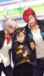 Rule 34 | 1girl, 2boys, animal ears, arm on another&#039;s shoulder, backpack, bag, belt, black belt, black hair, black hairband, black jacket, black pants, blue eyes, blue sky, blue vest, breasts, bullying, caenis (fate), cloud, collarbone, commentary, convenience store, cowboy shot, crest, crossdressing, dark-skinned female, dark skin, day, delinquent, family crest, fate/grand order, fate (series), gakuran, grey hair, grin, hair between eyes, hair intakes, hair over one eye, hair slicked back, hairband, hand on another&#039;s head, headphones, headphones around neck, height difference, holding, holding bag, jacket, jewelry, lapels, large breasts, leaning on person, long sleeves, looking at another, male focus, mandricardo (fate), medium hair, mori nagayoshi (fate), multicolored hair, multiple boys, necklace, nitaka (fujikichi), official alternate costume, official art, one eye covered, open clothes, open jacket, open mouth, open vest, orange eyes, outdoors, pants, parted lips, pectoral cleavage, pectorals, rabbit ears, red hair, red shirt, school uniform, sharp teeth, shirt, shirt under shirt, shop, short hair, silver necklace, single tear, sky, smile, smirk, sunlight, teeth, third-party source, two-tone hair, v-neck, vest, white hair, white shirt