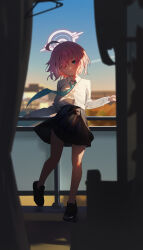 1girl absurdres ahoge aqua_necktie bare_legs black_shoes black_skirt blue_archive blurry blurry_background commentary empty_eyes expressionless floating_clothes from_inside full_body halo head_tilt heterochromia highres hoshino_(blue_archive) hoshino_(first_year)_(blue_archive) looking_at_viewer necktie pink_hair pleated_skirt qianyuu_(senba) shirt shirt_tucked_in shoes short_hair skirt sneakers solo white_shirt