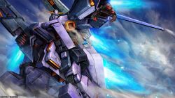 absurdres advance_of_zeta beam_rifle cloud copyright_logo energy_gun flying gundam gundam_battle_operation_2 gundam_tr-1_hazel highres machinery mecha mecha_focus mobile_suit no_humans official_art painting_(medium) reaching reaching_towards_viewer reactive_armor realistic robot scan science_fiction sunrise_(company) tenjin_hidetaka thrusters titans_(gundam) titans_test_team_(gundam) traditional_media turning_around v-fin weapon