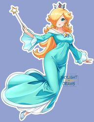 1girl aqua_dress bare_shoulders blonde_hair blue_eyes brooch crown dress earrings hair_over_one_eye highres jewelry long_hair long_sleeves mario_(series) mini_crown nintendo off-shoulder_dress off_shoulder outline pointed_crown rosalina silver_crown skylight_draws smile solo star_(symbol) star_brooch star_earrings star_wand wand white_outline