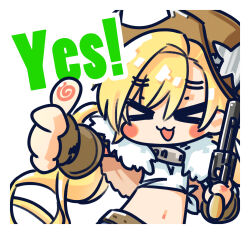 &gt;_&lt; 1girl :3 :d belt blonde_hair blush_stickers brown_gloves chibi chinese_commentary closed_eyes colt_revolver_(girls&#039;_frontline) colt_single_action_army commentary_request cowboy_hat facing_viewer fingerless_gloves fingerprint fur_collar girls&#039;_frontline gloves gun handgun hat highres holding holding_gun holding_weapon long_hair navel official_art open_mouth revolver shirt simple_background smile solo su_xiao_jei thumbs_up tied_shirt twintails upper_body weapon white_background white_shirt xd yes