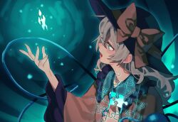 1girl absurdres black_hat bow buttons commentary diamond_button frilled_shirt_collar frills green_eyes green_hair hat hat_bow highres jigsaw_puzzle komeiji_koishi long_hair long_sleeves open_mouth puzzle puzzle_piece shirt touhou touhou_lost_branch_of_legend tuck_(tuck23978434) wide_sleeves yellow_bow yellow_shirt
