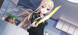 Rule 34 | 1girl, blonde hair, breasts, business suit, ceiling light, date a live, date a live: spirit pledge, dutch angle, ellen mira mathers, formal clothes, game cg, hair between eyes, holding, holding sword, holding weapon, indoors, jewelry, long hair, long sleeves, looking at viewer, medium breasts, necklace, official art, open mouth, plant, potted plant, purple eyes, smile, solo, suit, sword, tablecloth, third-party source, v-shaped eyebrows, weapon