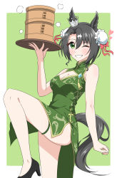 Rule 34 | 1girl, ;), absurdres, abyss kpn (ki), alternate hairstyle, animal ears, bare shoulders, black hair, border, breasts, china dress, chinese clothes, cleavage, cleavage cutout, clothing cutout, crown, double bun, dress, ear ornament, ear through crown, green background, green dress, green eyes, hair between eyes, hair bun, high heels, highres, holding, holding tray, horse ears, horse girl, leg up, looking at viewer, medium breasts, mini crown, multicolored hair, one eye closed, pelvic curtain, satono crown (umamusume), simple background, sleeveless, sleeveless dress, smile, solo, streaked hair, tray, umamusume, white border, white hair