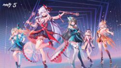 5girls aged_down animal_ears artist_request asymmetrical_legwear bare_legs beret black_hair black_high_heels blonde_hair blue_dress blue_eyes boots breasts commentary coralie_6626_planck dog_ears dog_girl dress durandal_(honkai_impact) durandal_(reign_solaris)_(honkai_impact) english_commentary erdos_helia full_body goggles goggles_on_head green_dress grey_eyes grey_hair hair_ornament hat high_heel_boots high_heels highres honkai_(series) honkai_impact_3rd kiana_kaslana kiana_kaslana_(herrscher_of_finality) large_breasts legs mole mole_under_eye multicolored_hair multiple_girls official_art orange_dress ponytail purple_eyes small_breasts standing standing_on_one_leg star-shaped_pupils star_(symbol) symbol-shaped_pupils two-tone_hair uneven_legwear vita_(honkai_impact) white_dress white_hair
