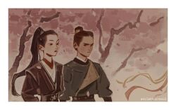 2boys artist_name black_eyes black_hair black_hanfu border brown_hair cherry_blossoms chinese_clothes chinese_hairpin closed_mouth commentary english_commentary enilehtnorevol falling_petals feng_xin glaring hair_bun hanfu high_ponytail layered_clothes long_hair long_sleeves makeup male_focus mu_qing_(tianguan_cifu) multiple_boys outdoors petals pink_petals ponytail red_lips single_hair_bun tianguan_cifu tree upper_body white_border wide_sleeves yuanlingpao