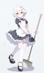 1girl absurdres apron black_dress black_shoes bow closed_mouth collared_dress commentary_request dress elf flower frilled_apron frilled_dress frills gaaratelier garter_straps grey_background grey_hair hair_between_eyes hair_flower hair_ornament head_tilt highres holding holding_mop kokkoro_(princess_connect!) looking_at_viewer maid maid_apron maid_headdress mop pointy_ears princess_connect! puffy_short_sleeves puffy_sleeves red_bow red_eyes shadow shoes short_sleeves simple_background smile solo sparkle standing standing_on_one_leg thighhighs white_apron white_flower white_thighhighs
