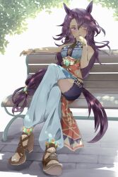 1girl animal_ears anklet arm_rest arm_up armlet bare_shoulders bench bracelet brown_hair closed_mouth crossed_legs dappled_sunlight day fingernails full_body hair_between_eyes hand_on_own_chin hand_up highres horse_ears horse_girl horse_tail jewelry k1m1dor1 light_smile lipstick long_hair looking_at_viewer low-tied_long_hair makeup nail_polish native_american_clothes on_bench outdoors park_bench rigantona_(umamusume) sitting solo sunlight swept_bangs tail tan toenails toes umamusume very_long_hair white_nails wooden_bench