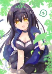 Rule 34 | 1girl, :d, between legs, black choker, black hair, black hairband, black shirt, black skirt, blue capelet, blush, bone hair ornament, breasts, capelet, choker, cleavage, commentary request, cowboy shot, dappled sunlight, episode number, eyes visible through hair, falling leaves, floating hair, frilled capelet, frilled choker, frills, hair between eyes, hair ornament, hairband, hand between legs, hand up, happy, highres, holding, holding leaf, kushima kamome, large breasts, leaf, long hair, looking at viewer, open mouth, shirt, sidelocks, simple background, skirt, skull and crossbones, skull hair ornament, smile, solo, speech bubble, straight hair, summer pockets, sunlight, ura (ura-tennislove), very long hair, white background, yellow eyes
