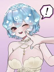 ! 2girls bao_(vtuber) blue_hair blue_nails cheek_poking halterneck highres indie_virtual_youtuber jewelry multiple_girls necklace one_eye_closed open_mouth pearl_necklace poking red_eyes short_hair shylily smile solo_focus spoken_exclamation_mark virtual_youtuber whale_girl white_tiara yuuran_ki